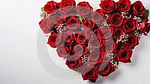 Big heart with red rose flowers, light background.Valentine\'s Day banner with space for your own co