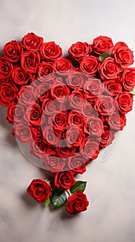 Big heart with red rose flowers, light background.Valentine's Day banner with space for your own co