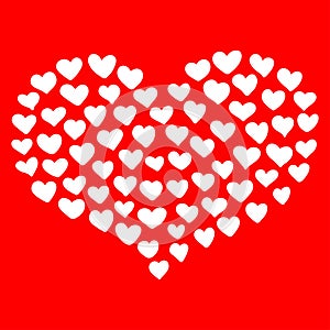 Big heart shape comprised by smaller ones on red background.