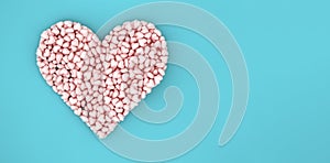 Big heart of small pink hearts on a blue background, banner for Valentine`s Day. 3d rendering