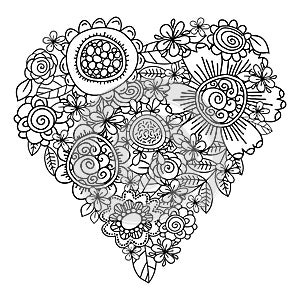 Big heart of spring flowers for coloring book. Mothers day holidays design. Valentines day heart. Hand-drawn decorative elements