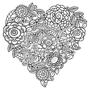 Big heart of spring flowers for coloring book. Mothers day holidays design. Valentines day heart. Hand-drawn decorative elements