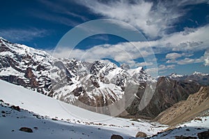 Big and high mountains in Central Asia, Tajikistan. with snow adn clounds