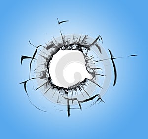 Big hole of broken blue window with white background.