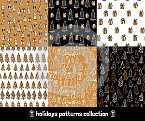 Big holiday hand drawn patterns set. Collection of winter backgrounds with gifts, christmas trees and lettering