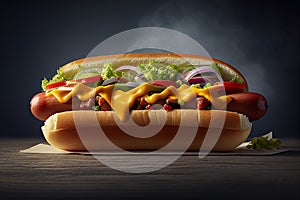 Big hotdog with sausage tomatoes, mustard and salad isolated on black background. Generative Ai