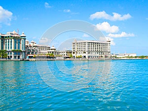 A big hotel at the seaside.