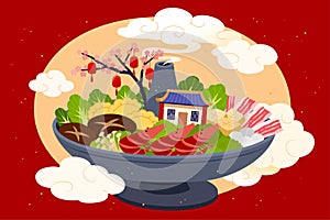 Big hotpot with fresh ingredients