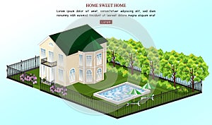 Big house Vector. White house classic style with pool outdoors