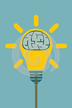 Big human brain inside shining lightbulb