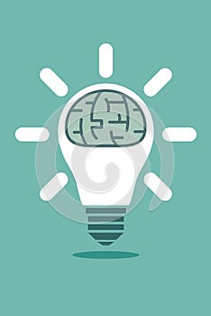 Big human brain inside shining lightbulb