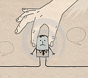 Big Human Hands Covering Ears of a Cartoon Man