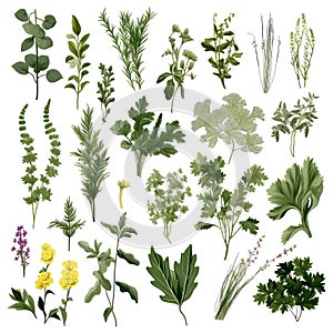 Big icon set of popular culinary herbs. realistic style.