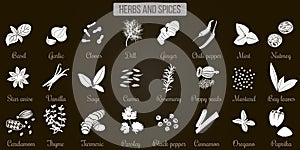 Big icon set of popular culinary herbs and spices white silhouettes