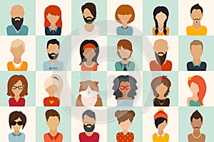 Big icons set. 12 women, 11 men and 1 cat flat icon vector illustration