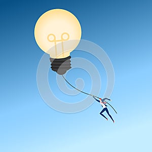 Big idea. Businessman flying lamp idea balloon. Business advantage concept of success, opportunities, future business trends