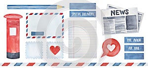 Big illustration pack on Postage theme with various postal symbols, seamless striped frame, stamps, air mail stickers, post marks.