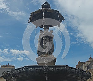 Big impressive fountain at city square in Cherbourg, France