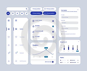 Big and improved ui kit for web designing, mobile apps with the different buttons, charts, diagrams, menu, search.