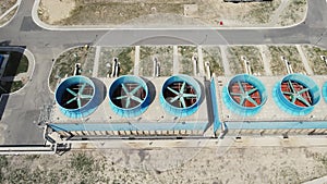 Big industrial fan. Cooling system in a factory aerial view. Cooling fans at the plant aerial view.