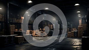 big industrial warehouse in dark ambientee