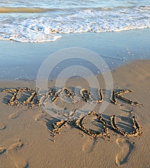 big inscription Thank you on the sea beach and the wave that is
