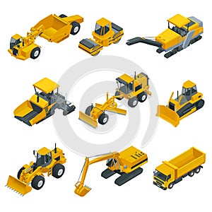 Big isometric set of construction equipment. Forklifts, cranes, excavators, tractors, bulldozers, trucks.