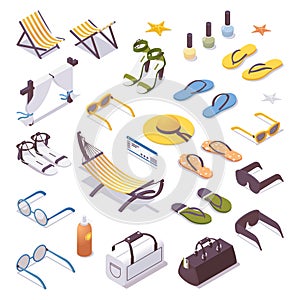 Big isometric set with women travel and vacation accessories like hammock, flip flops, eyeglasses, hat and sandals. Vector