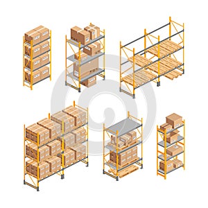 Big isometric warehouse rack with boxes set