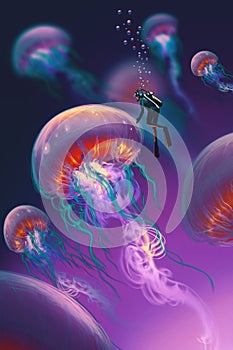Big jellyfishes and diver in fantasy underwater