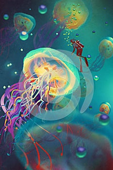 Big jellyfishes and diver in fantasy underwater