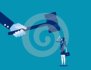 Big judge banging gavel on small businesswoman. Concept business vector illustration