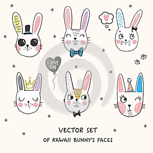 Big kawaii set of doodle cute sweet bunnies, sketch characters, hand drawn illustration with pen, clipart collection, faces with