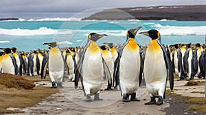 Big King penguin going to blue water, Atlantic ocean in Falkland Island, coast sea bird in the nature habitat, Antartica