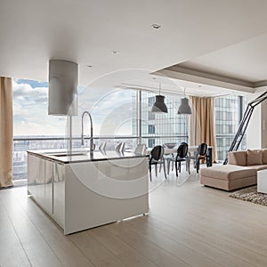 Big kitchen island in luxury apartment