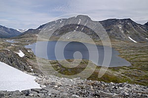 Big lake with snow and mountains in Jotunheimen, Norway