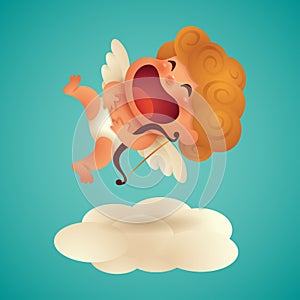 Big laughing cute little cupid with a bow floating on cloud. Isolated