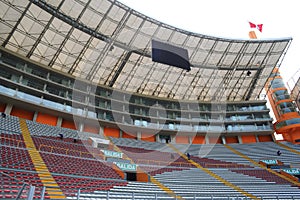Big LED screen in the stadium with empty seats. scoreboard for sports matches,national stadium photo