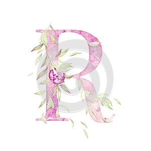 Big Letter R. Alphabet with floral dÃÂ©cor. Watercolor. Light pink, green colors photo