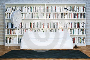 Big library shelves with many books in white living room