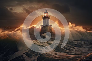 Big Lighthouse lost in the see, big waves and thunderstorm