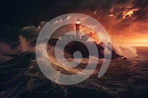 Big Lighthouse lost in the see, big waves and thunderstorm