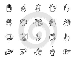 Big line icon set of human hands with different signs. 20 mono linear web graphic pictograms