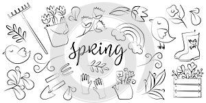 Big Linear Spring Set. Black and white collection of Design Elements for Gardening. Vector outline Illustration with Bird, flowers