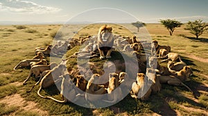 Big lion leading the herd on savannah grass