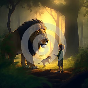 Big lion and little cute boy, a courageous boy with a lion.