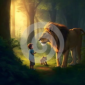 Big lion and little cute boy, a courageous boy with a lion.