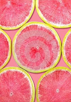 Big macro Sliced â€‹â€‹watermelon radish on pink