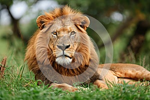 Big male African lion (Panthera leo) lying in the grass