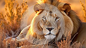 Big male African lion (Panthera leo) lying in the grass, Etosha National Park, Namibia, southern Africa